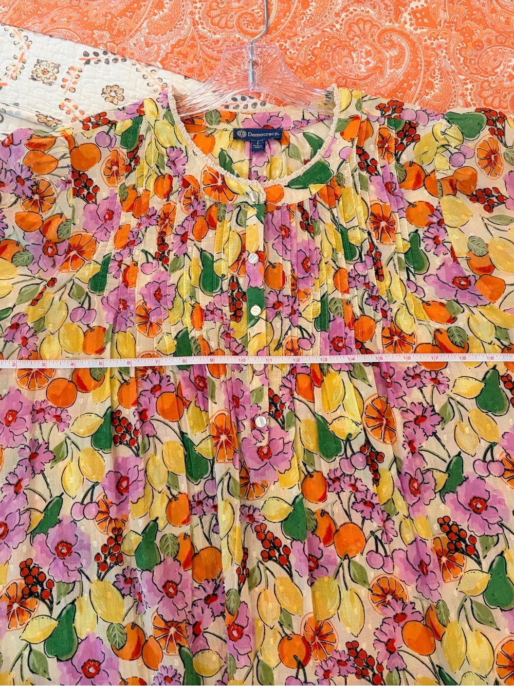 DEMOCRACY NEW WITHOUT TAGS Citrus and Floral Pintuck Blouse in MULTICOLOR SIZE L - Picture 9 of 9